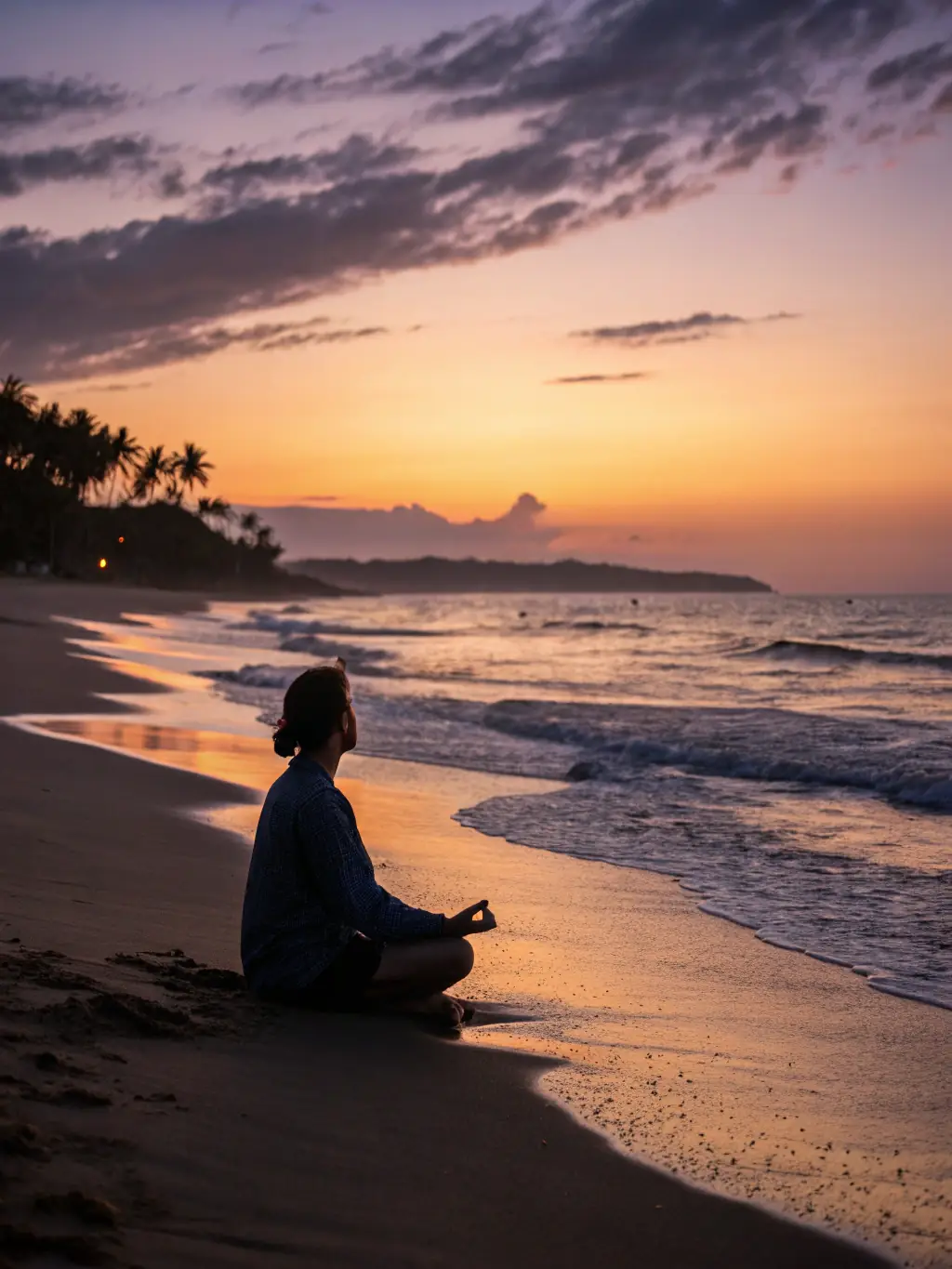 A serene image of a person meditating on a beach in Mauritius, representing personal growth and inner peace, suitable for the Life Coaching in Mauritius website.