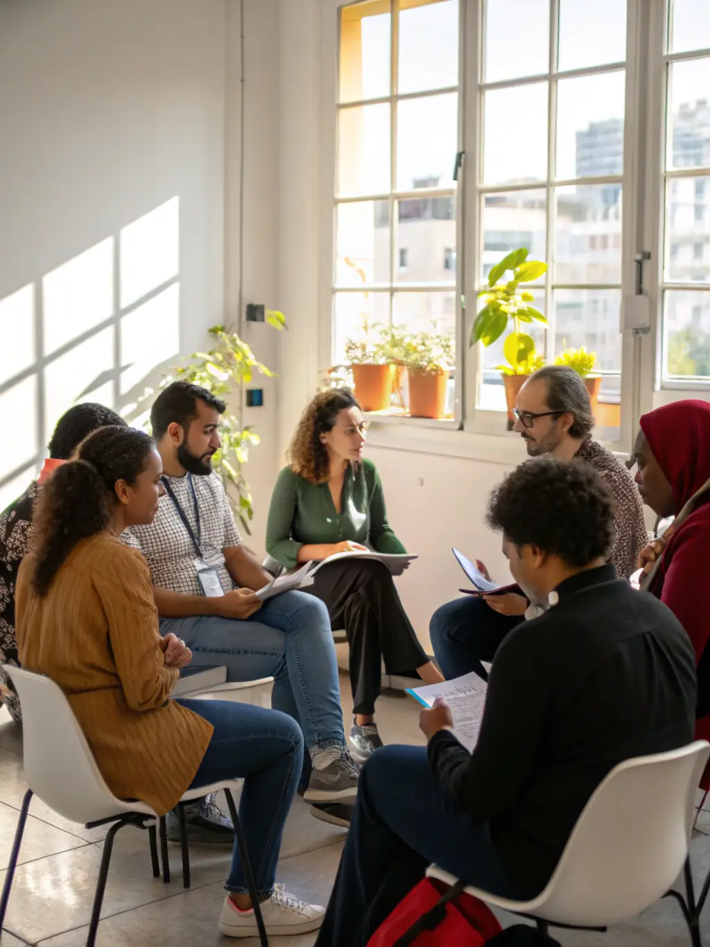 A diverse group of people participating in a group coaching session, symbolizing community and shared growth experiences.