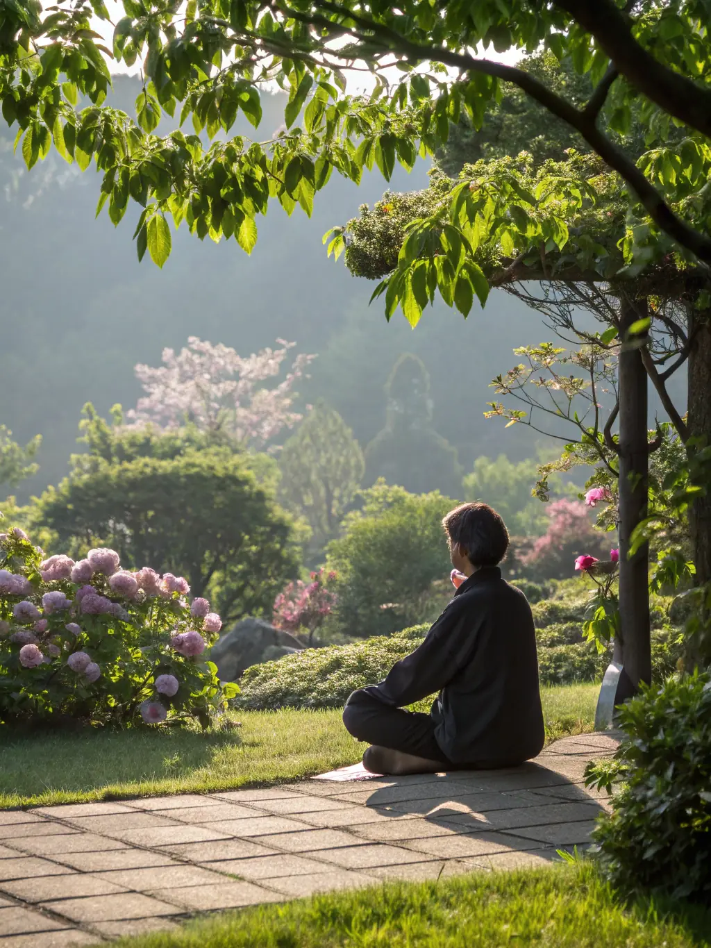 An image of a person practicing mindfulness in a peaceful garden in Mauritius, symbolizing stress reduction and mental well-being, for the Life Coaching in Mauritius website.