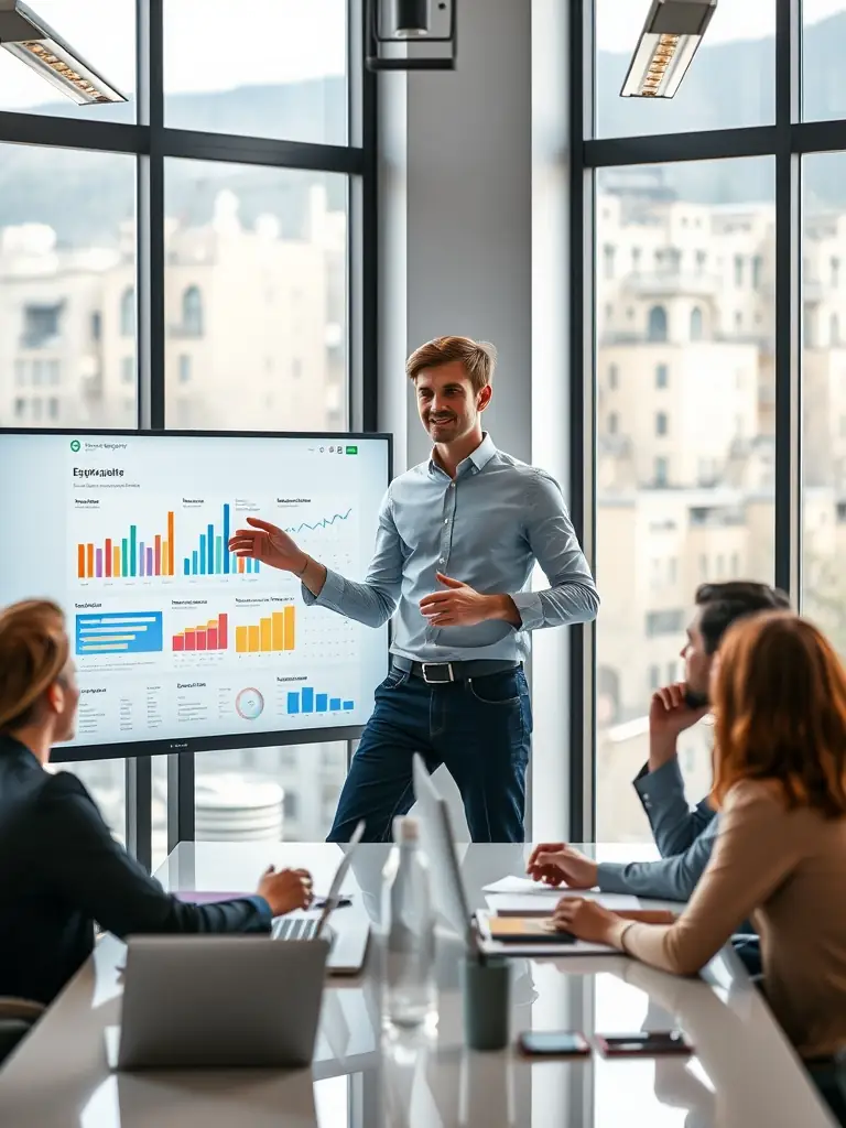 A professional image of a person confidently presenting in a modern office in Mauritius, representing career advancement and professional fulfillment, for the Life Coaching in Mauritius website.