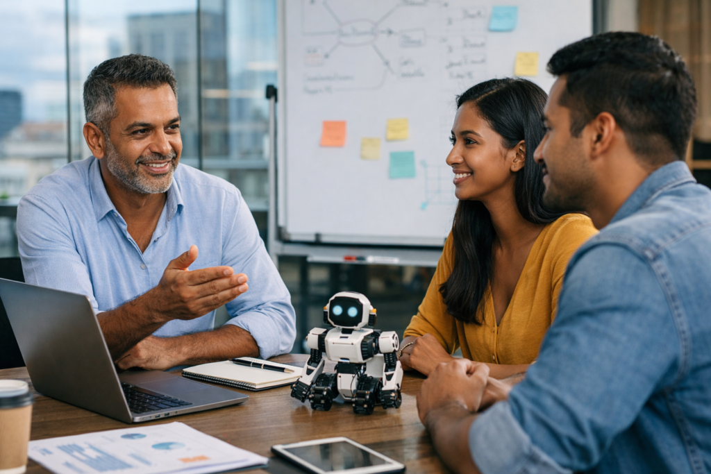 Mauritian entrepreneur mentoring two young professionals in a modern office, discussing how to grow a side-hustle into a sustainable business.