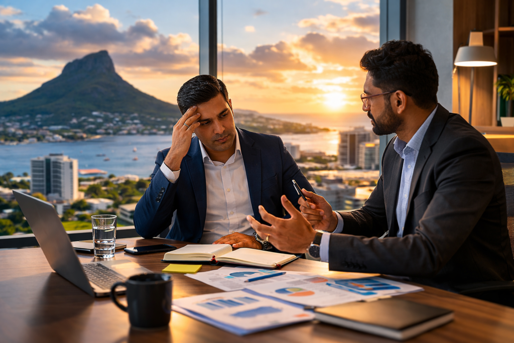 Executive coach helping a stressed South Asian business leader manage workplace challenges during a professional coaching session in a modern office.