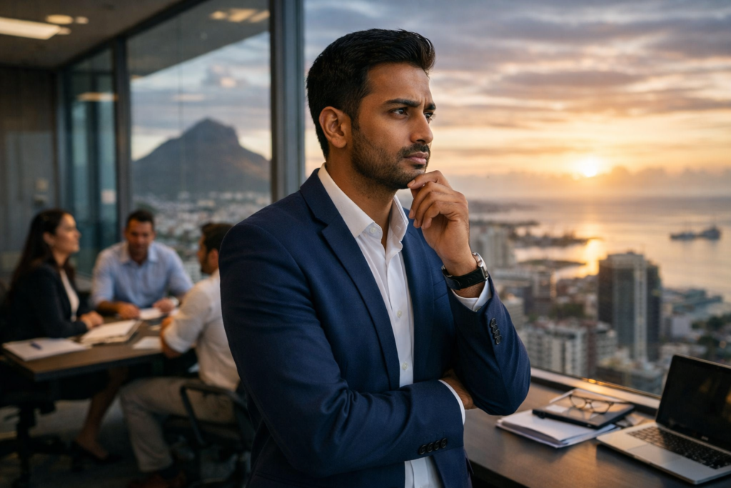 Photorealistic image of a young North Indian executive in a navy suit, standing pensively in a modern office with a view of the Mauritian cityscape at sunset, reflecting on his first leadership role.