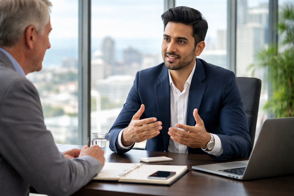 North Indian CEO in a business suit discussing strategy with an executive coach in a modern office overlooking a coastal city