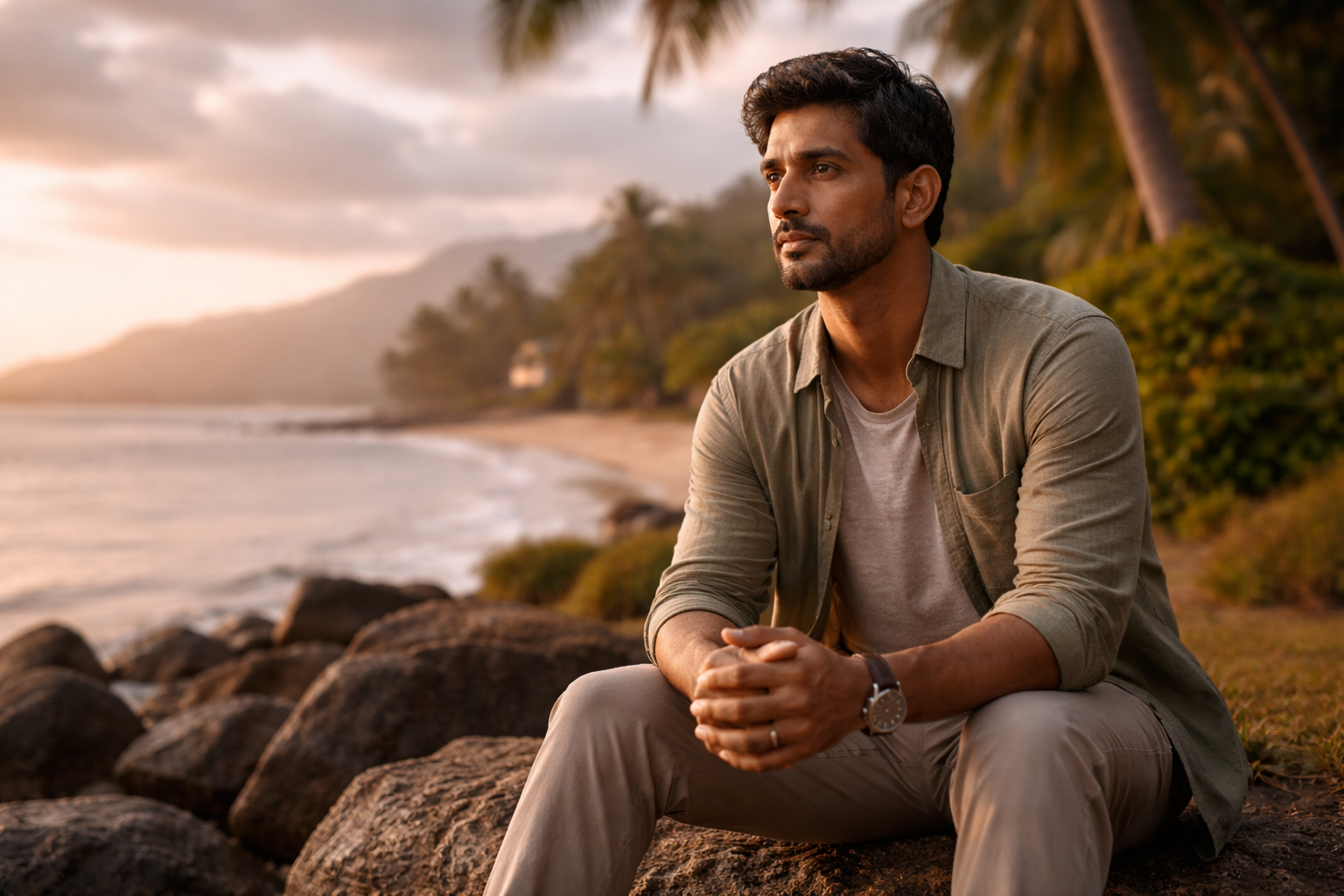 Mental health Mauritius image of a reflective North Indian adult in a peaceful Mauritian setting