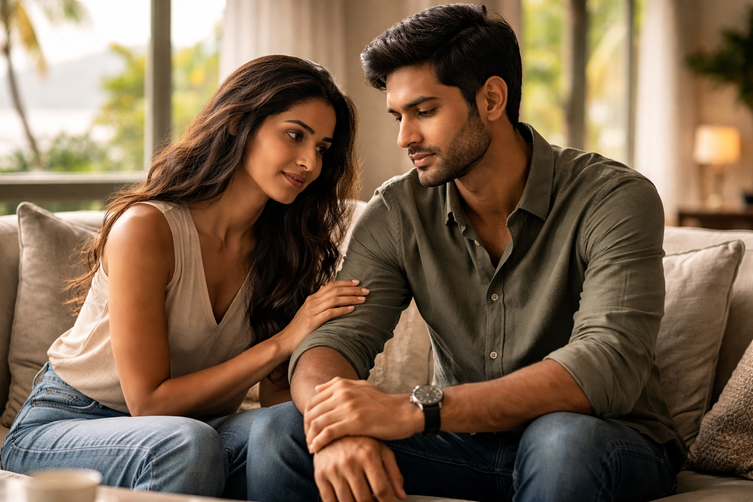 North Indian couple in Mauritius sharing a quiet healing moment reflecting relationship coaching Mauritius and deeper emotional connection